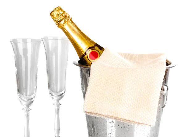 Champagne bottle in bucket with ice and glasses isolated on white — Stock Photo, Image