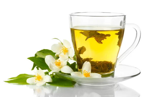 Cup of green tea with jasmine flowers isolated on white Royalty Free Stock Images