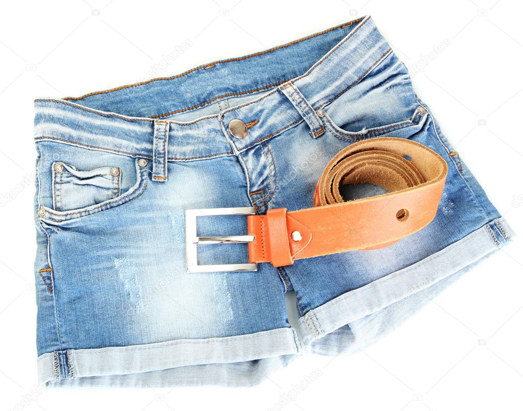 Women jeans shorts with leather belt isolated on white background