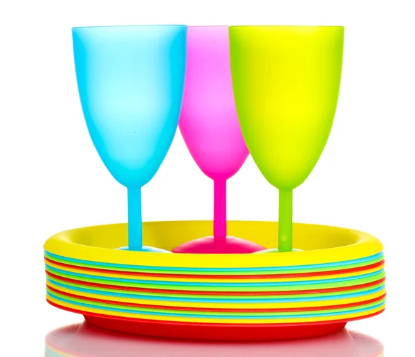 Bright plastic tableware isolated on white — Stock Photo, Image