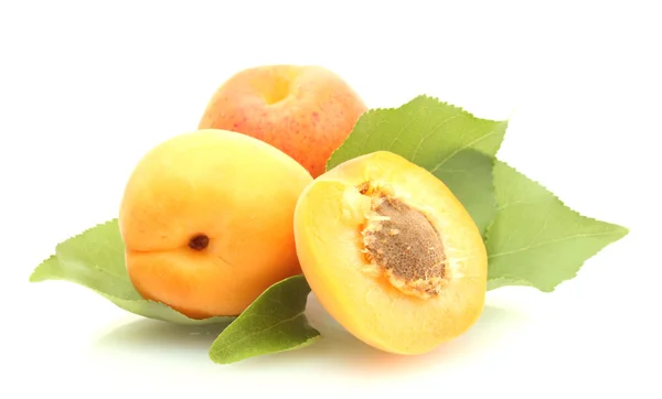 Reife süße Aprikosen mit grünen Blättern isoliert auf weiß — Stockfoto
