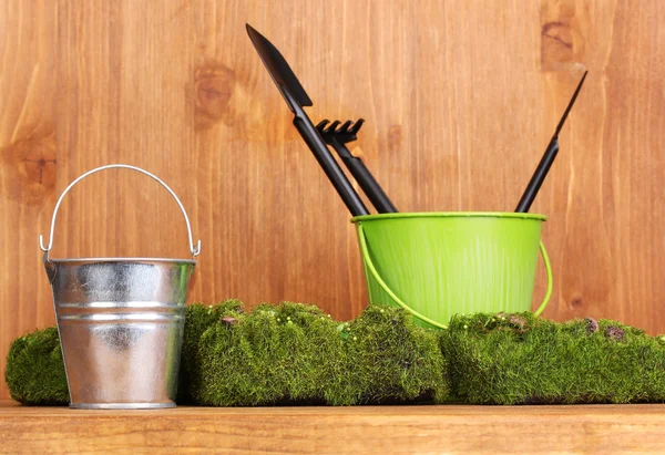 Zielony mech i wiaderko z narzędzia ogrodnicze na drewniane tła — Zdjęcie stockowe