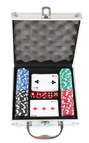 Poker set in metallic case isolated on white background — Stock Photo, Image