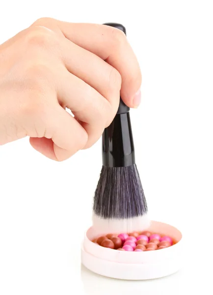 Schwarzer Pinsel für Make-up mit Puderkugeln in der Hand isoliert auf weiß — Stockfoto