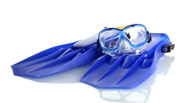 Nadadeiras azuis e máscara isolada em branco — Fotografia de Stock