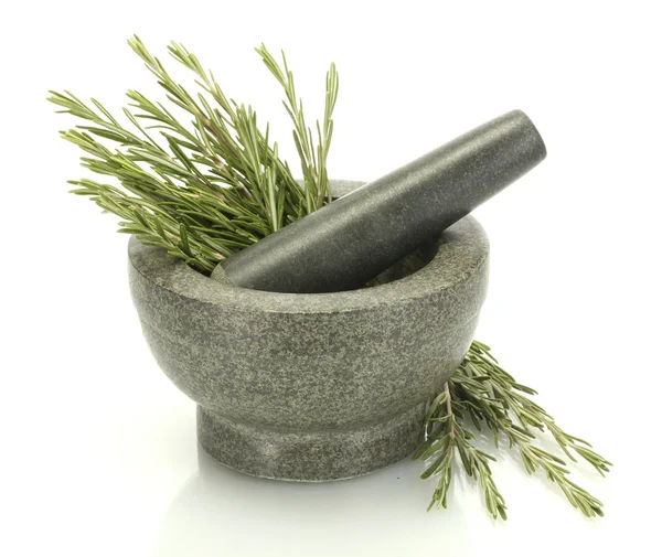 Mortar with fresh green rosemary isolated on white — Stock Photo, Image
