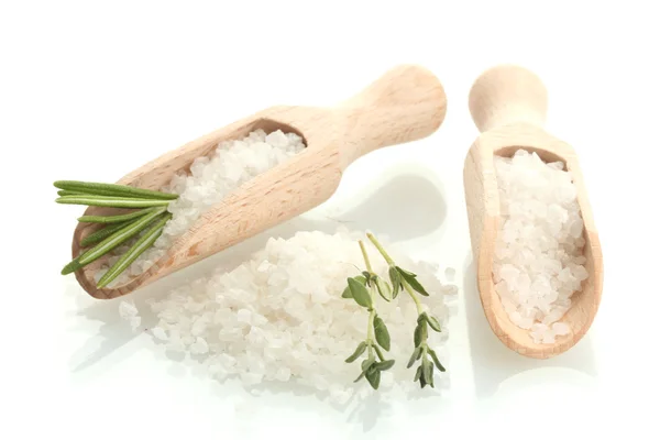 Salt with fresh rosemary and thyme isolated on white — Stock Photo, Image