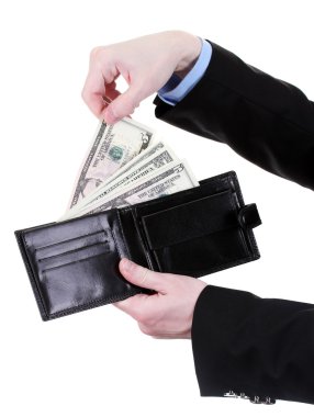 iş adamı eller üzerinde beyaz izole cüzdan para alıyor