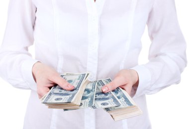 American dollars in a women hands on a white background clipart