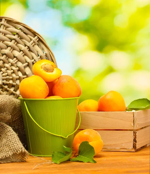 Stock image Bucket and wooden box with ripe apricots on wooden table on green background