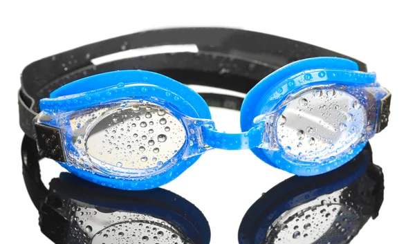 Modré plavat brýle s kapkami na šedém pozadí — Stock fotografie