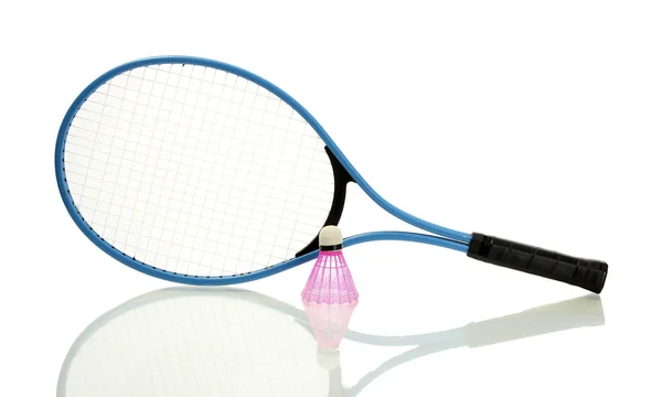Badminton racket and shuttlecock isolated on white — Stock Photo, Image