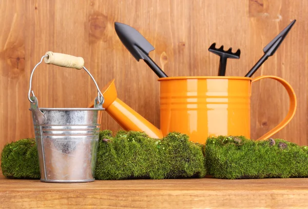 Green moss and watering can with gardening tools on wooden background — Stock Photo, Image