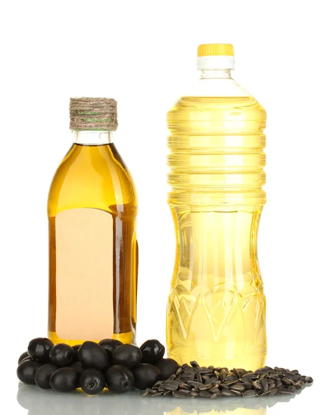 Azeite e óleo de girassol nas garrafas isoladas em branco — Fotografia de Stock