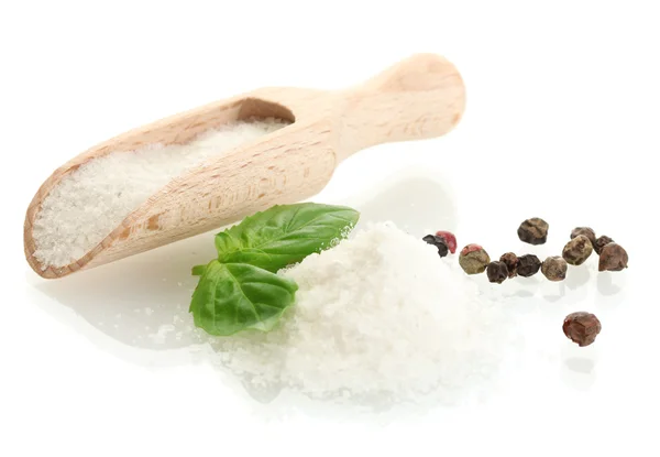 stock image Salt with fresh basil and pepper isolated on white