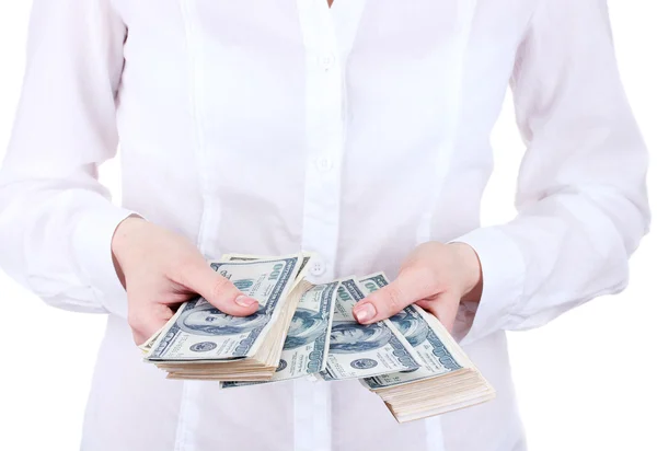 Beyaz zemin üzerinde bir kadın elinde Amerikan Doları — Stok fotoğraf