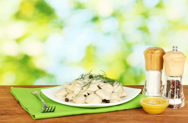 Heerlijk gekookt dumplings in de schotel op helder groene achtergrond — Stockfoto