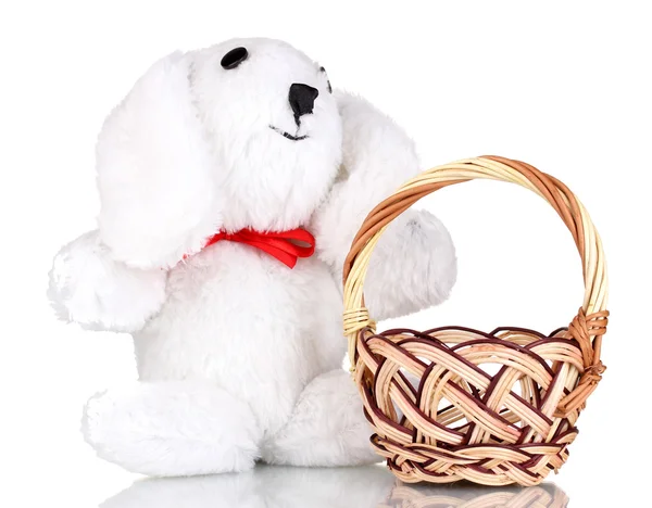 White bunny with basket isolated on white — Stock Photo, Image