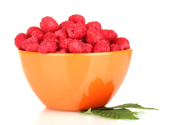 Fresh raspberries in colorful bowl isolated on white — Stock Photo, Image