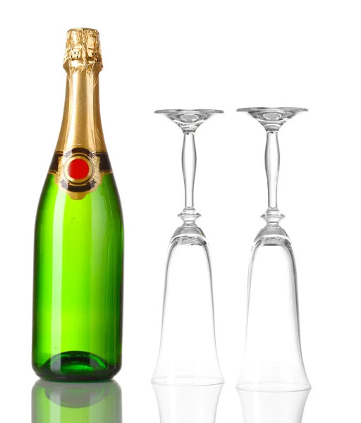 Bottle of champagne and goblets isolated on white — Stock Photo, Image