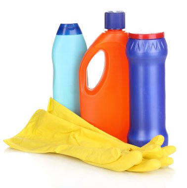 Cleaning items and gloves isolated on white clipart