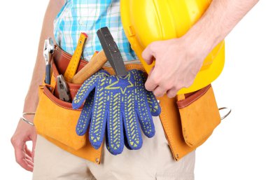 Tools on belt isolated on white clipart