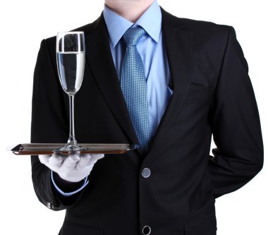 Formal waiter with a glass of water on silver tray isolated on white clipart