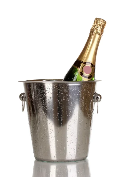 Fles champagne in emmer geïsoleerd op wit — Stockfoto