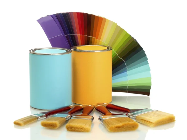Lattine di latta con vernice, pennelli e tavolozza luminosa di colori isolati su bianco — Foto Stock