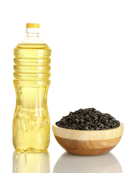 Sunflower oil with sunflower seeds isolated on white background — Stock Photo, Image