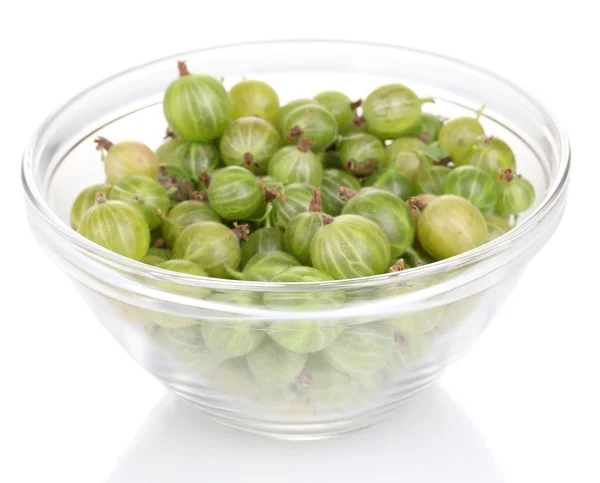 Green gooseberry in glass bowl isolated on white — Stock Photo, Image