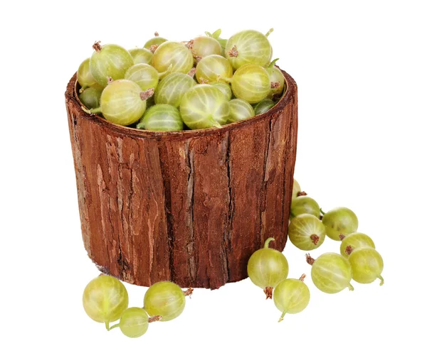Green gooseberry in wooden cup isolated on white — Stock Photo, Image