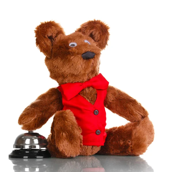 Urso de brinquedo e sino isolado em branco — Fotografia de Stock