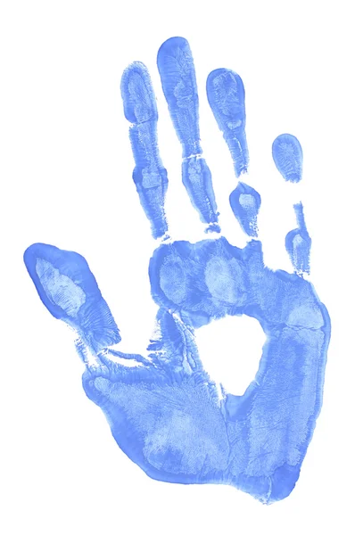 Bright blue handprint on white background close-up — Stock Photo