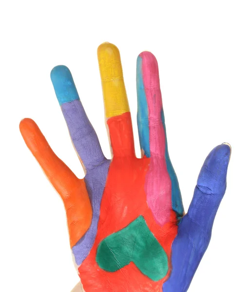 Mão brilhantemente colorido no fundo branco close-up — Fotografia de Stock