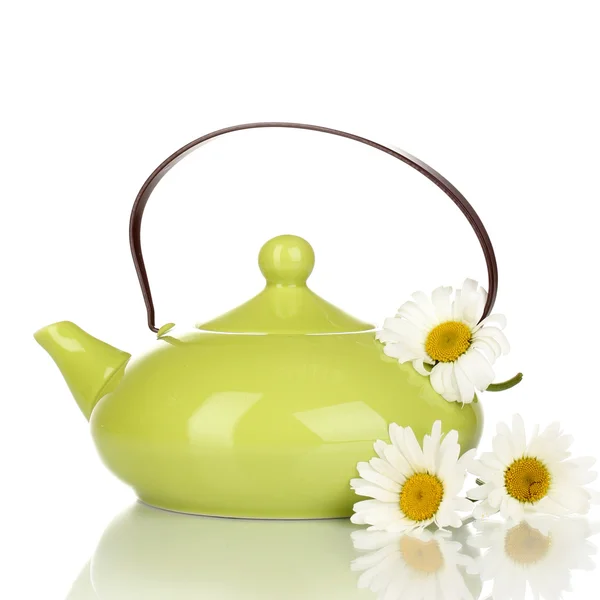 Teapot with chamomile tea isolated on white — Stock Photo, Image