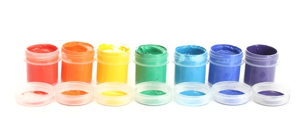 Jars with multicolored gouache isolated on white background — Stock Photo, Image