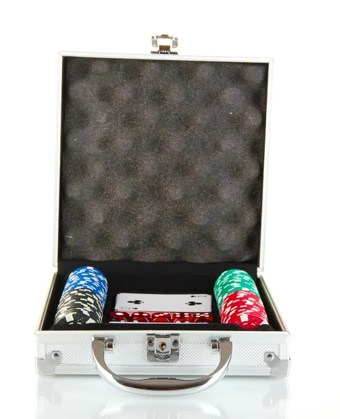 Poker definido em caixa metálica isolada em fundo branco — Fotografia de Stock