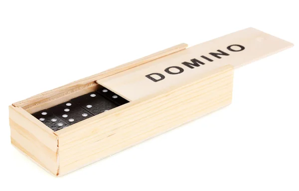 Scatola di legno con domino isolato su bianco — Foto Stock