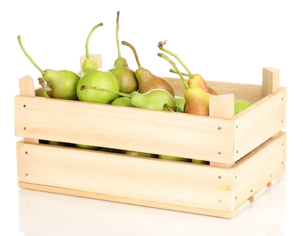 stock image Ripe pears in crate isolated on white