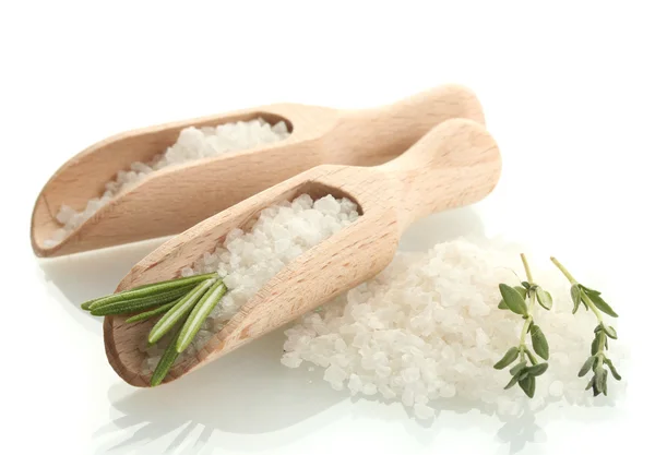 Соль со свежим розмарином и тимьяном изолированы на белом — стоковое фото