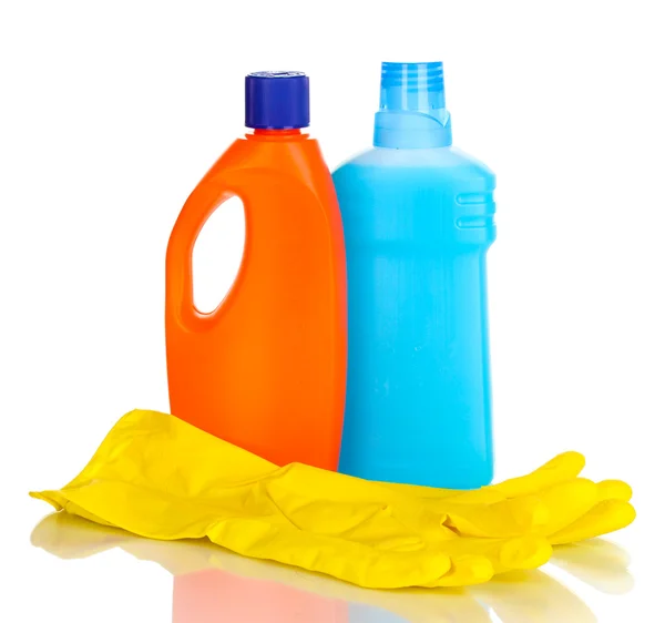 Detergente y guantes aislados en blanco — Foto de Stock