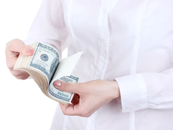 Dólares americanos falsos em uma mulher mãos em um fundo branco — Fotografia de Stock