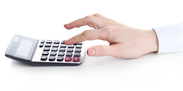 Mão mulheres e Calculadora isolado no branco — Fotografia de Stock