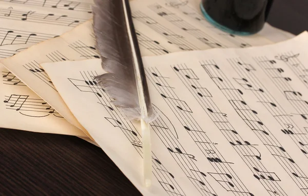 音乐笔记和木桌上的羽毛 — 图库照片
