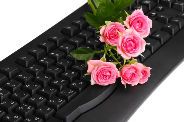 Roses roses sur clavier close-up communication internet — Photo