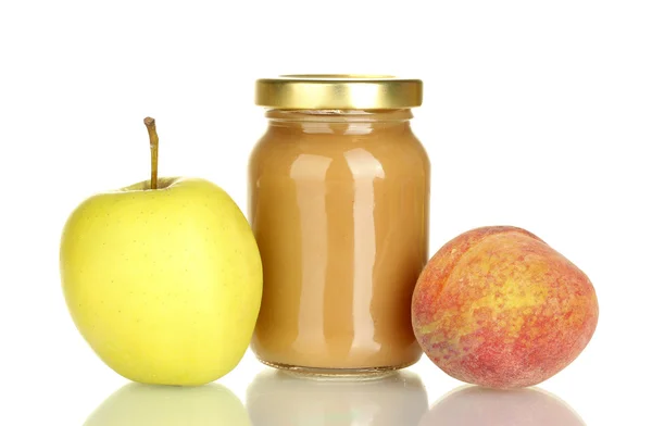 Jar with fruit baby food isolated on white — Stock Photo, Image