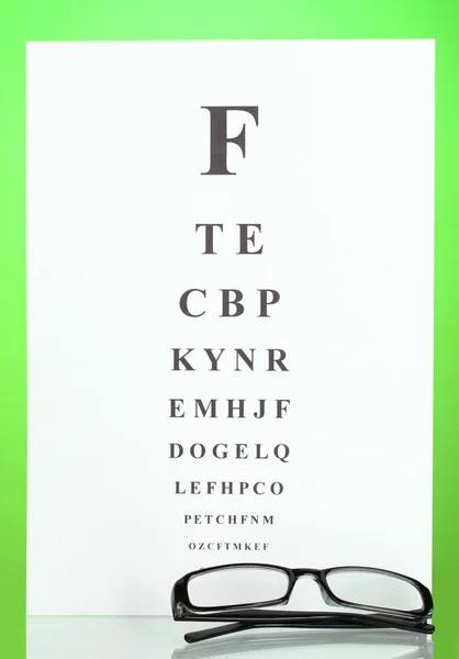 Gráfico de teste de visão com óculos no fundo verde close-up — Fotografia de Stock