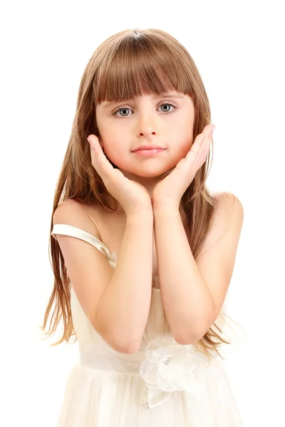 Porträtt av söt liten flicka isolerad på vit — Stockfoto