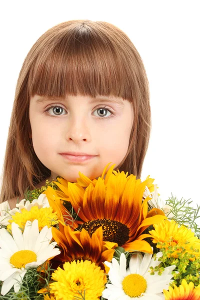 Portrait of beautiful little girl with flowers isolated on white — Stock Photo, Image